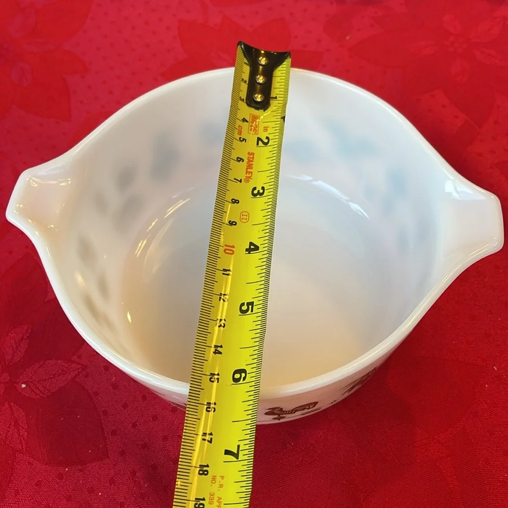 Vintage Pyrex White Mixing Bowl with Brown Farmhouse Design